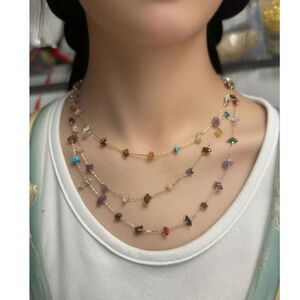 Triple Layer Multi Color Jade Necklace Natural Gemstone Gold Crystal Adjustable